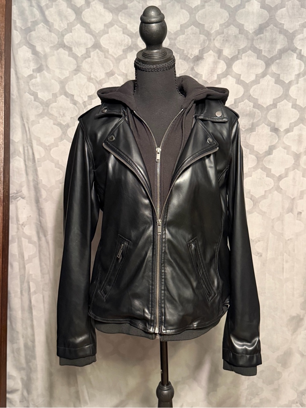 Black Faux Leather Zip-Front Jacket with Hood